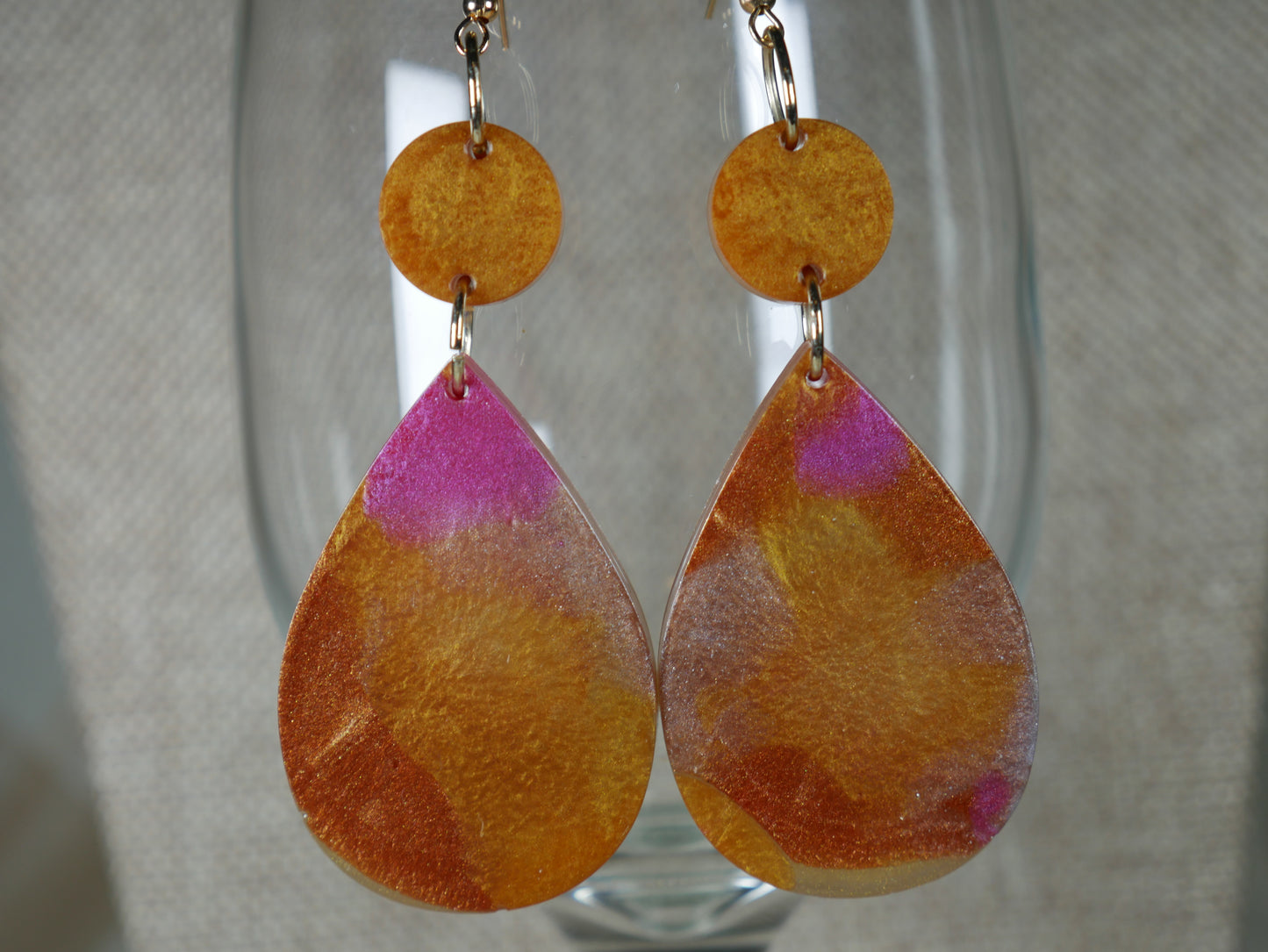 Resin Copper, Silver and Magenta Teardrop Shaped Earrings