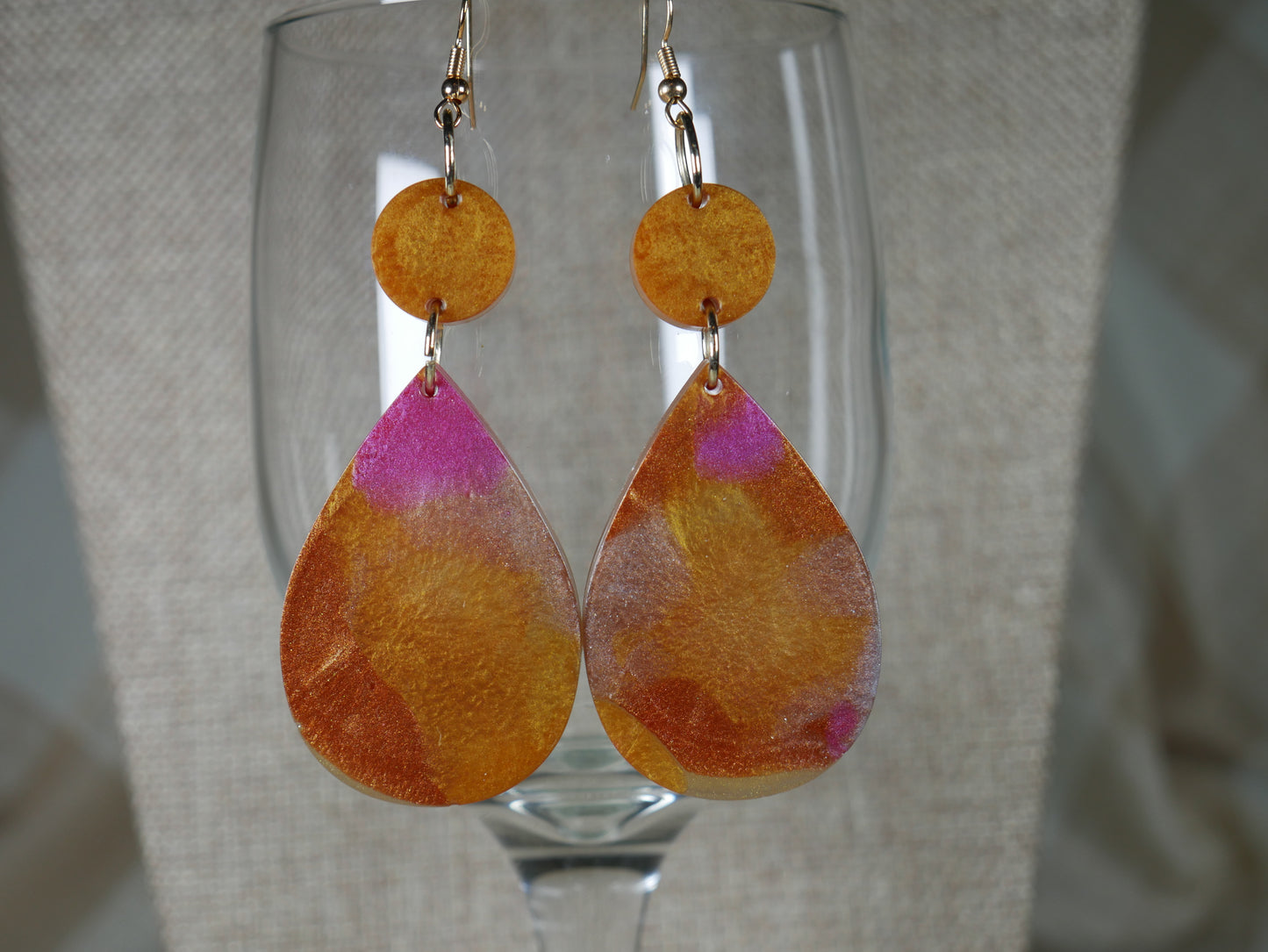 Resin Copper, Silver and Magenta Teardrop Shaped Earrings