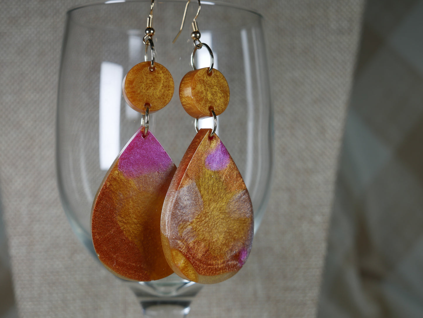 Resin Copper, Silver and Magenta Teardrop Shaped Earrings