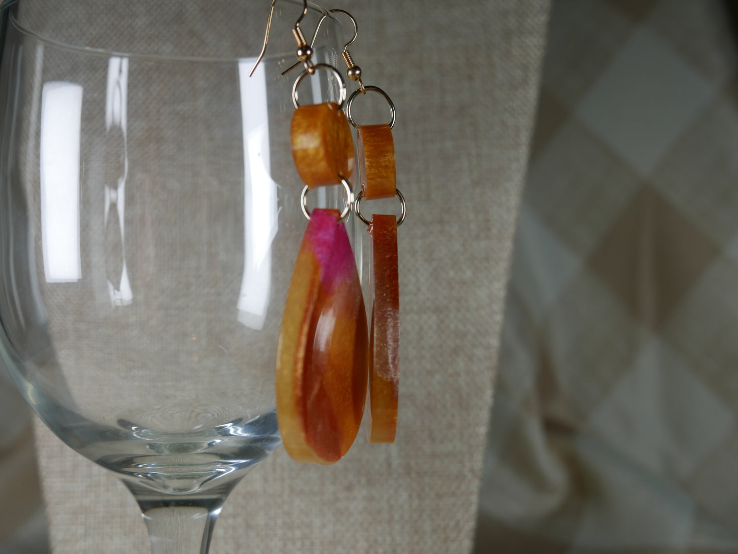 Resin Copper, Silver and Magenta Teardrop Shaped Earrings