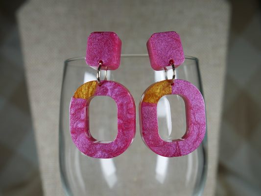 Resin Magenta and Gold Square Earrings