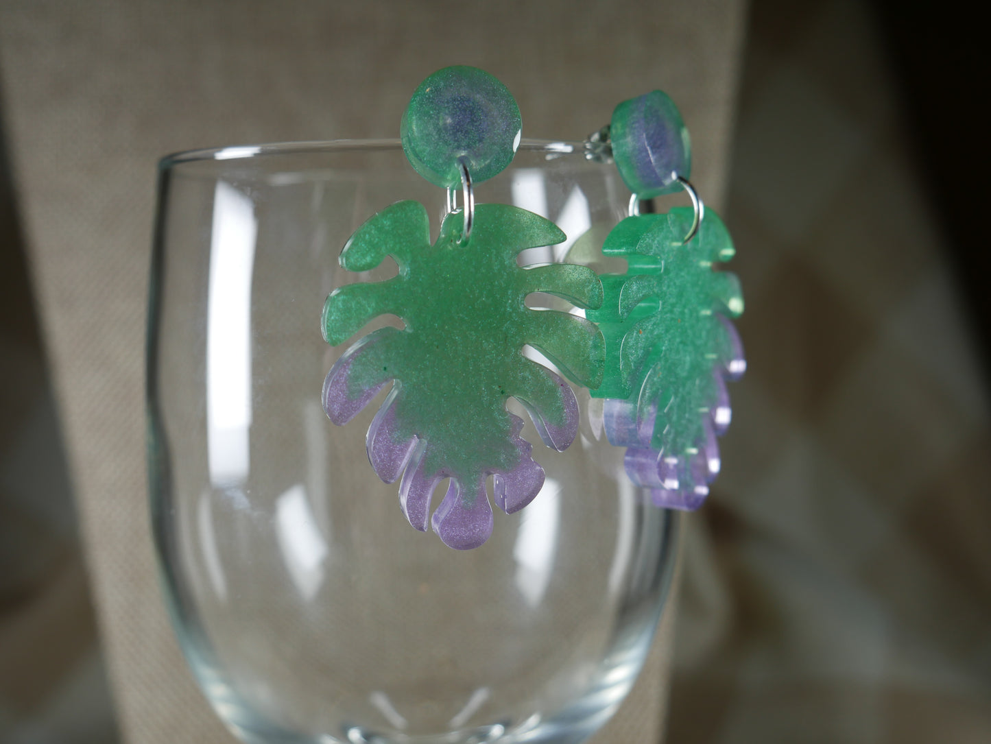 Resin Green and Purple Leaf Earrings