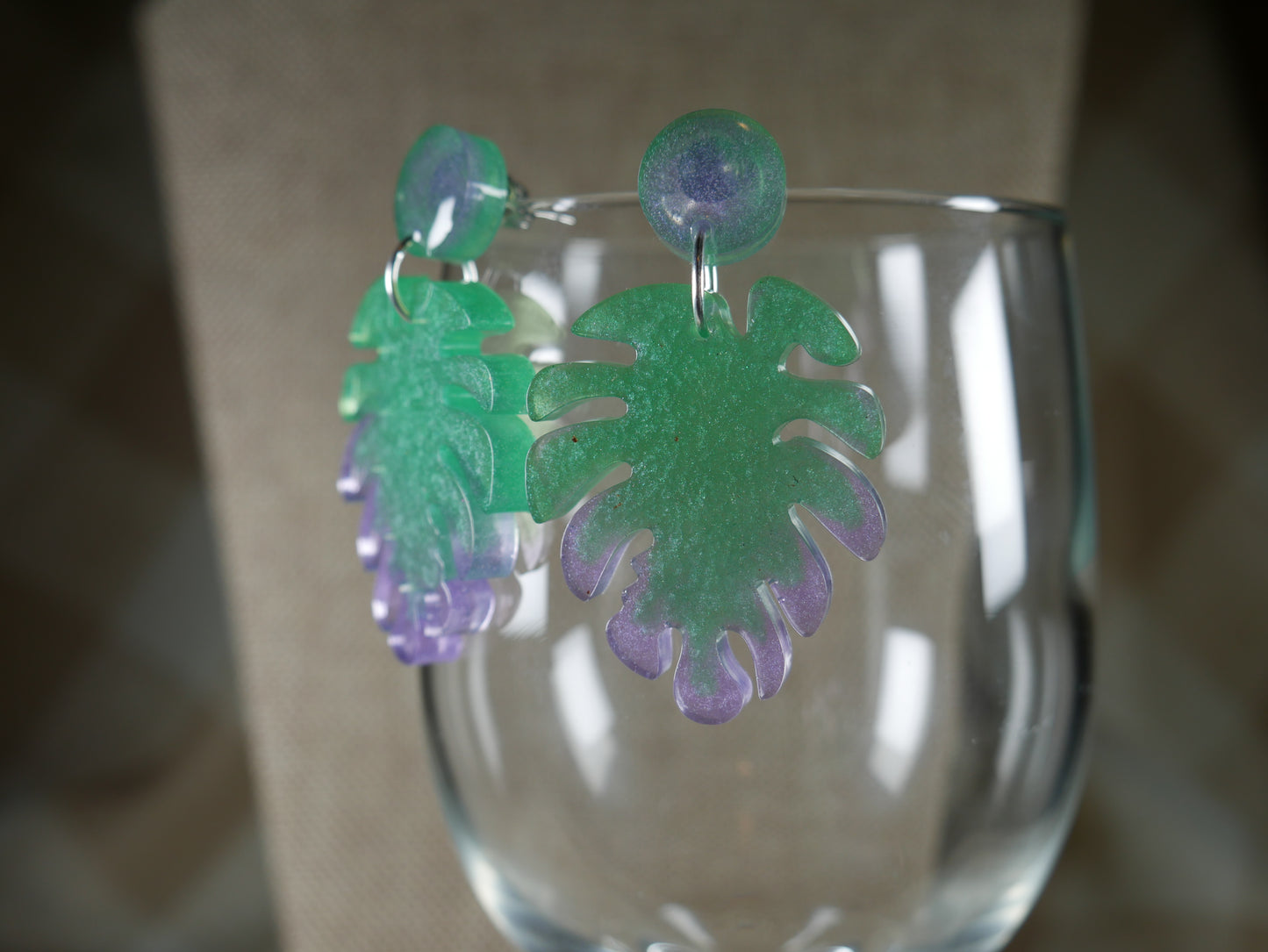 Resin Green and Purple Leaf Earrings