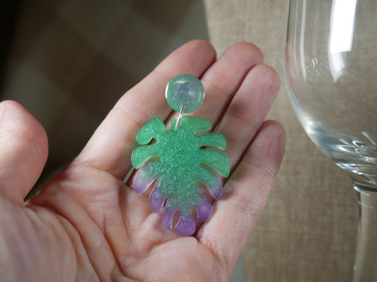 Resin Green and Purple Leaf Earrings