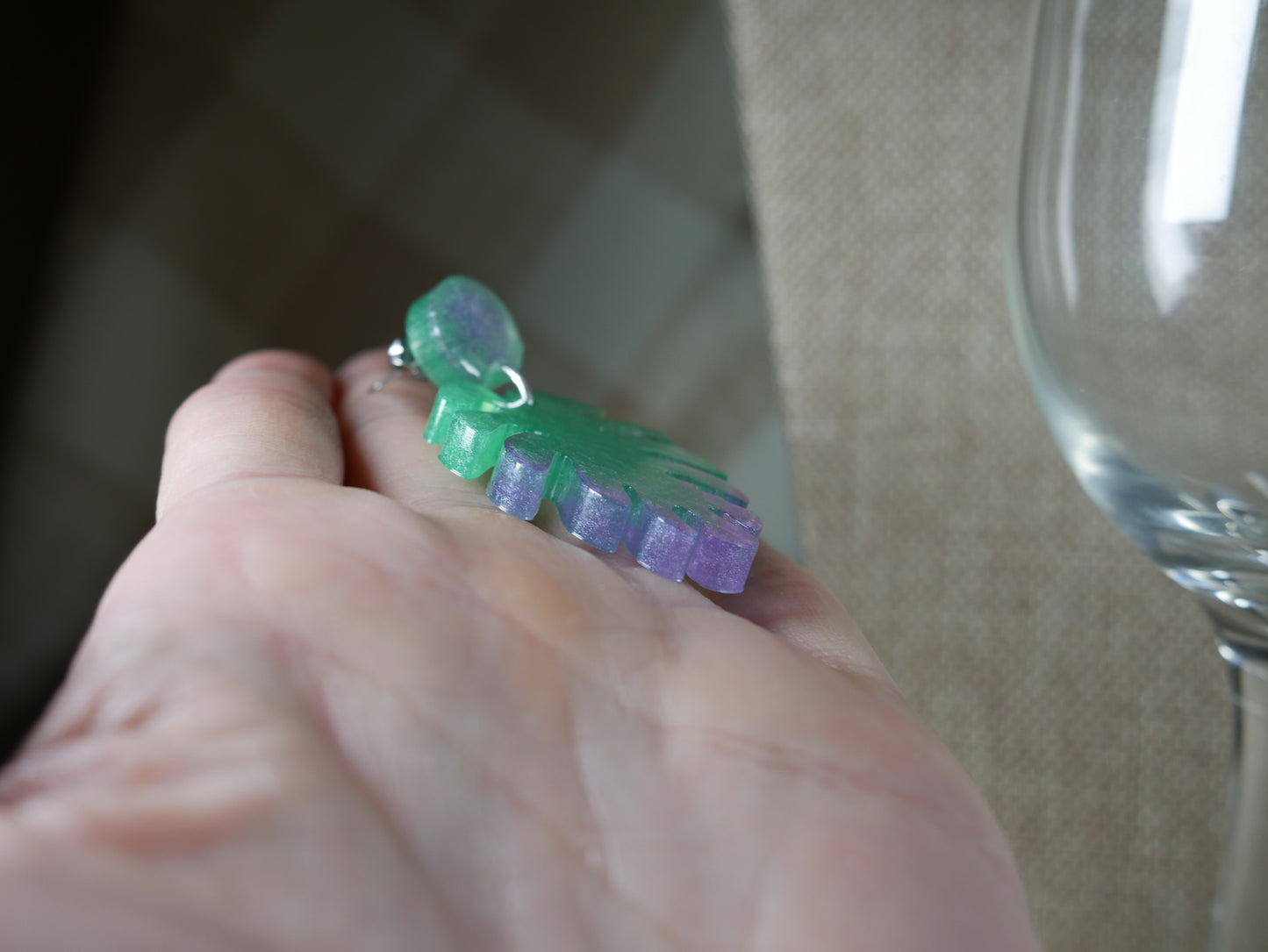 Resin Green and Purple Leaf Earrings