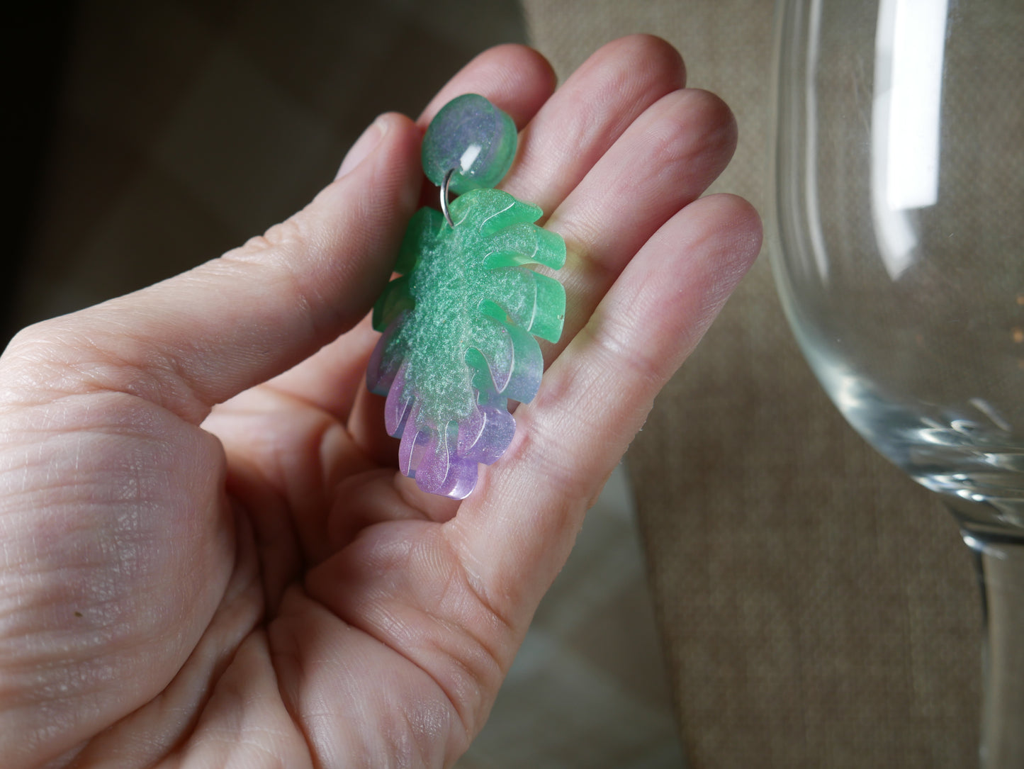 Resin Green and Purple Leaf Earrings