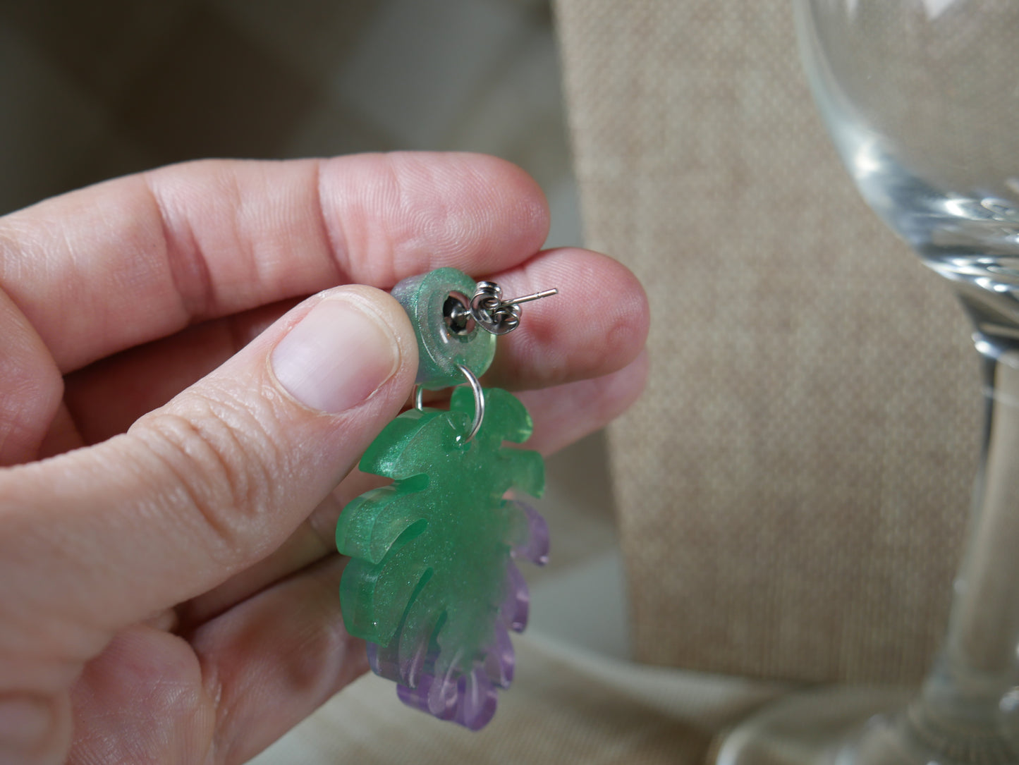 Resin Green and Purple Leaf Earrings