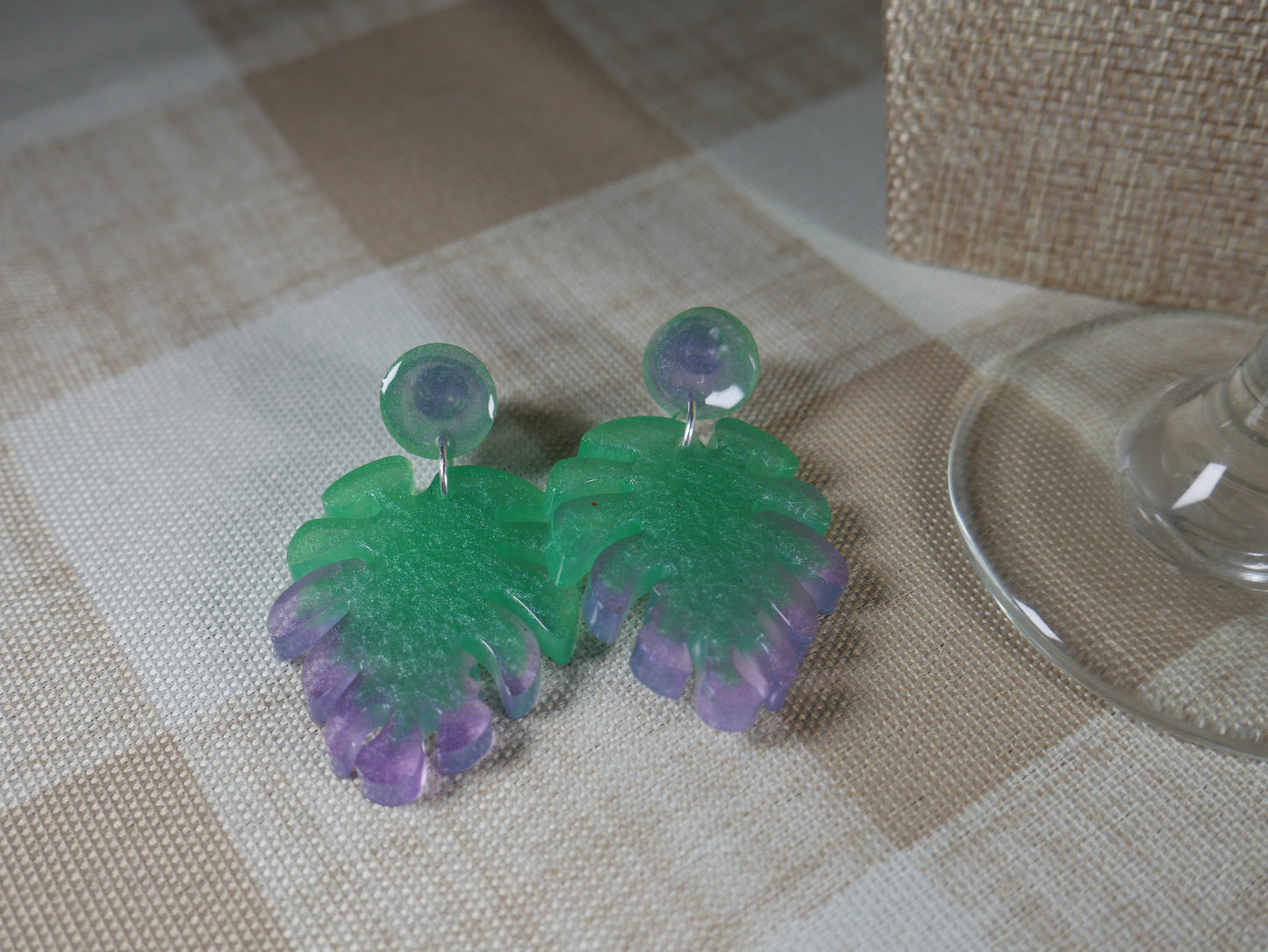 Resin Green and Purple Leaf Earrings