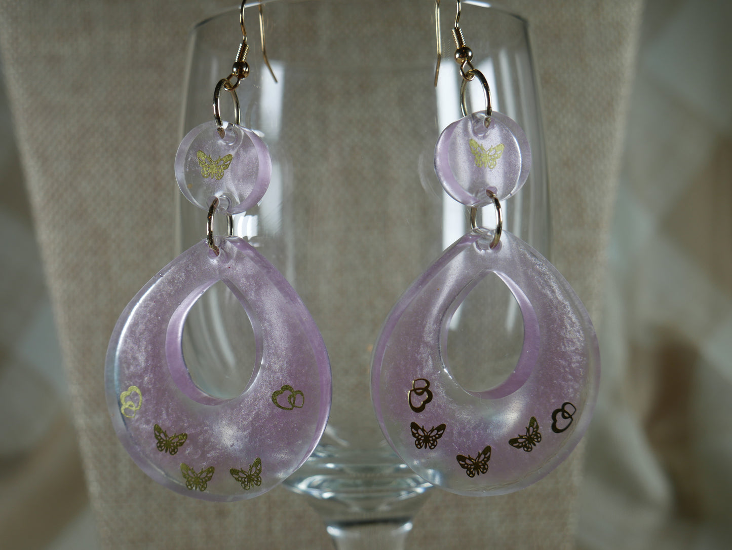 Resin Purple and Gold Butterfly Teardrop Earrings