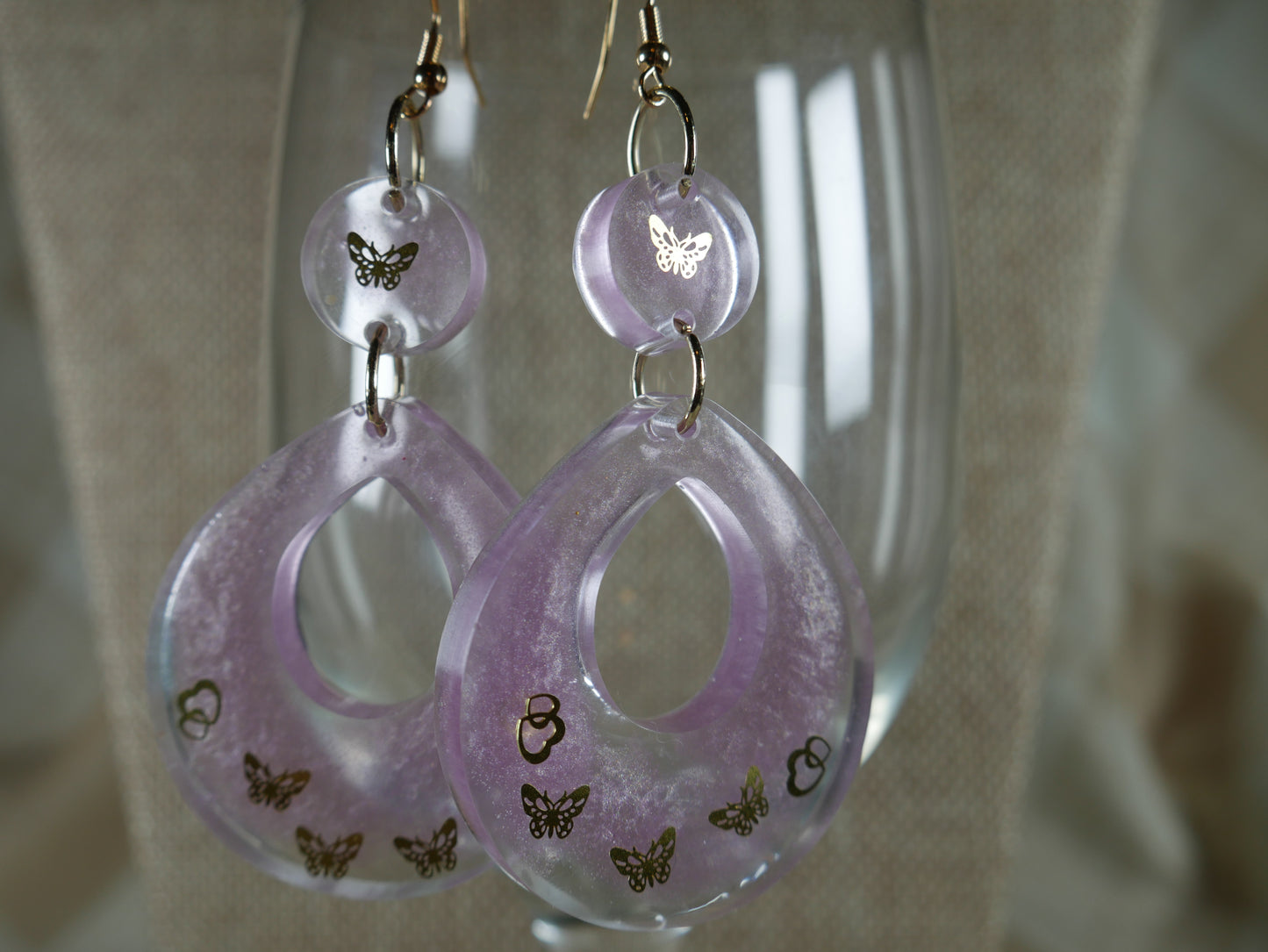 Resin Purple and Gold Butterfly Teardrop Earrings