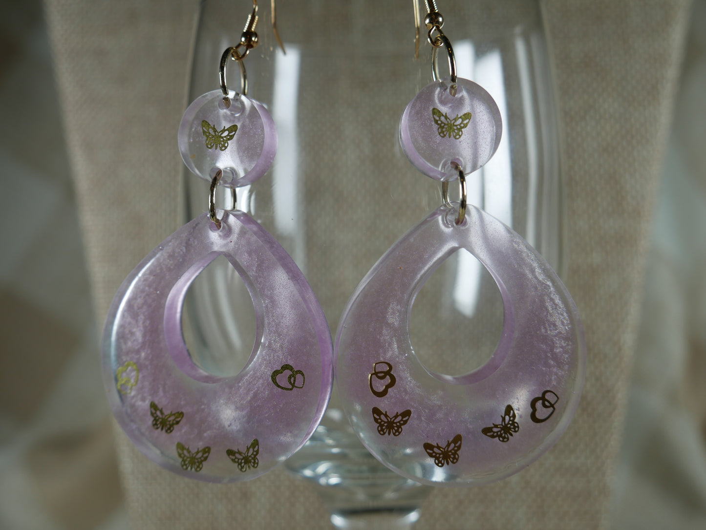 Resin Purple and Gold Butterfly Teardrop Earrings