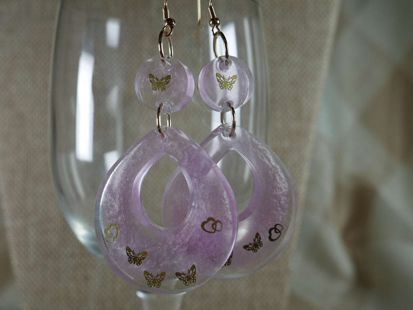 Resin Purple and Gold Butterfly Teardrop Earrings