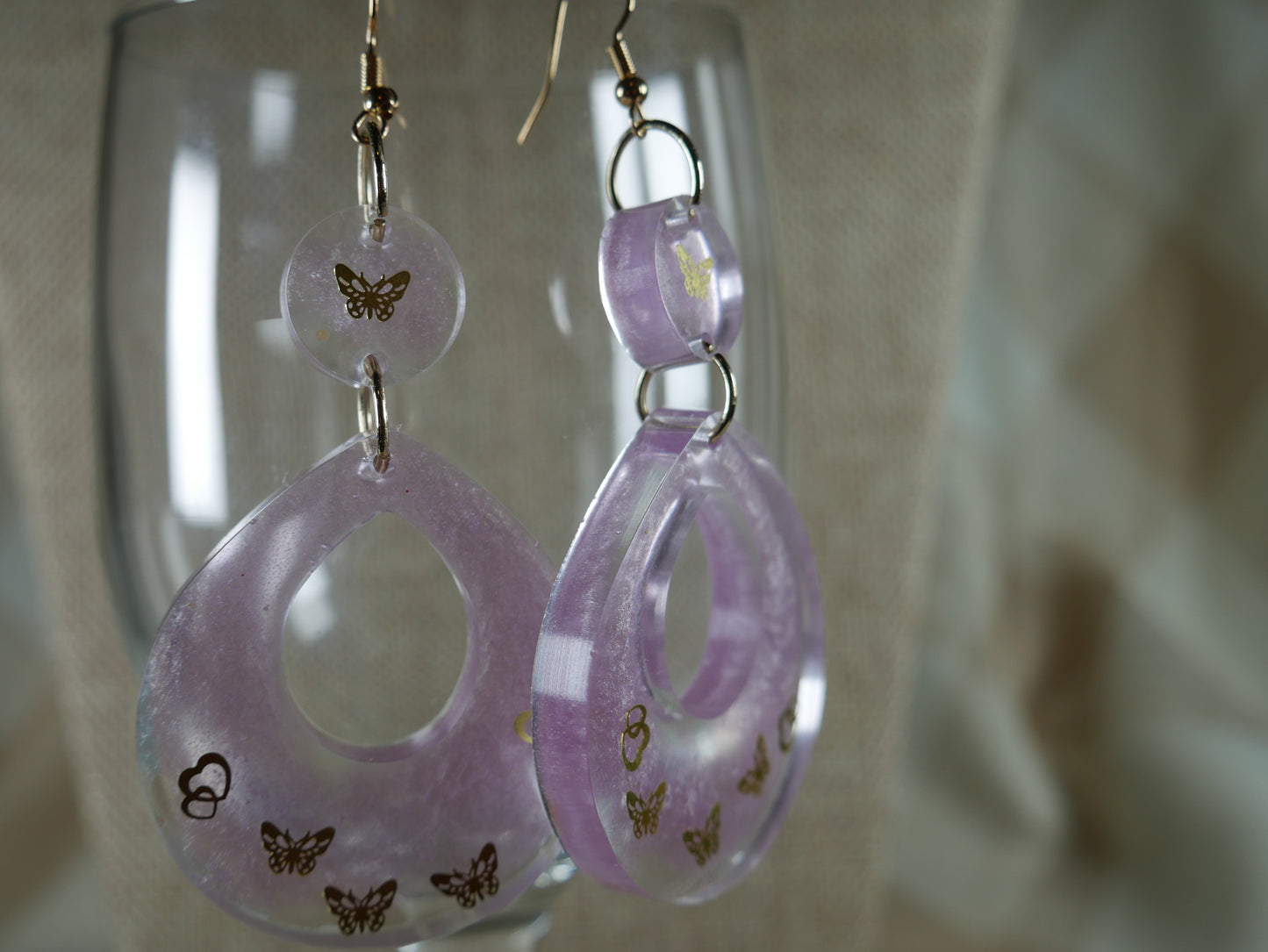 Resin Purple and Gold Butterfly Teardrop Earrings