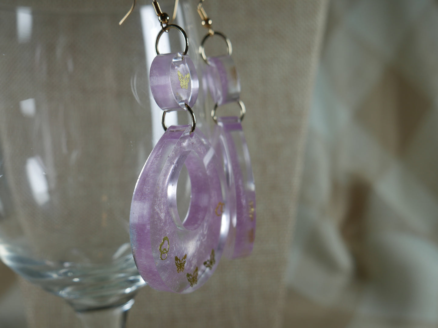 Resin Purple and Gold Butterfly Teardrop Earrings