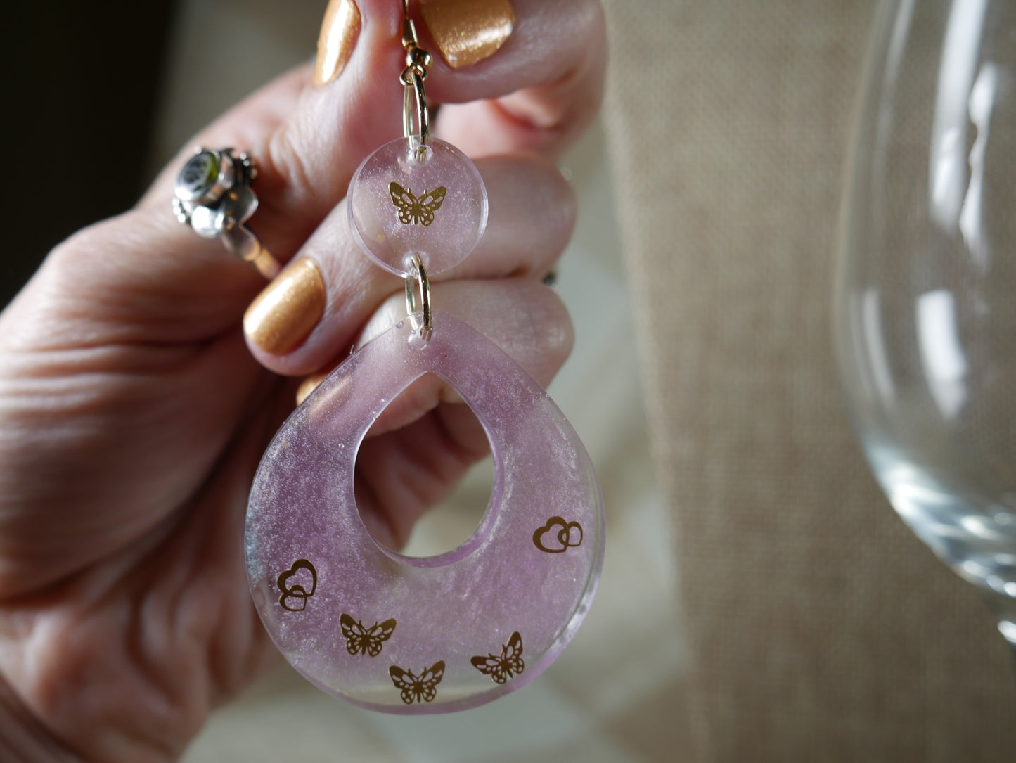 Resin Purple and Gold Butterfly Teardrop Earrings