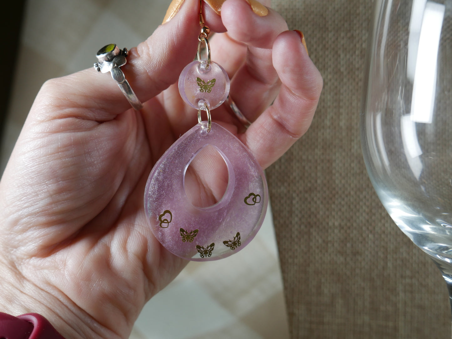 Resin Purple and Gold Butterfly Teardrop Earrings