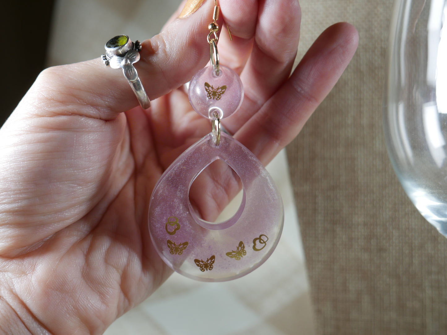 Resin Purple and Gold Butterfly Teardrop Earrings