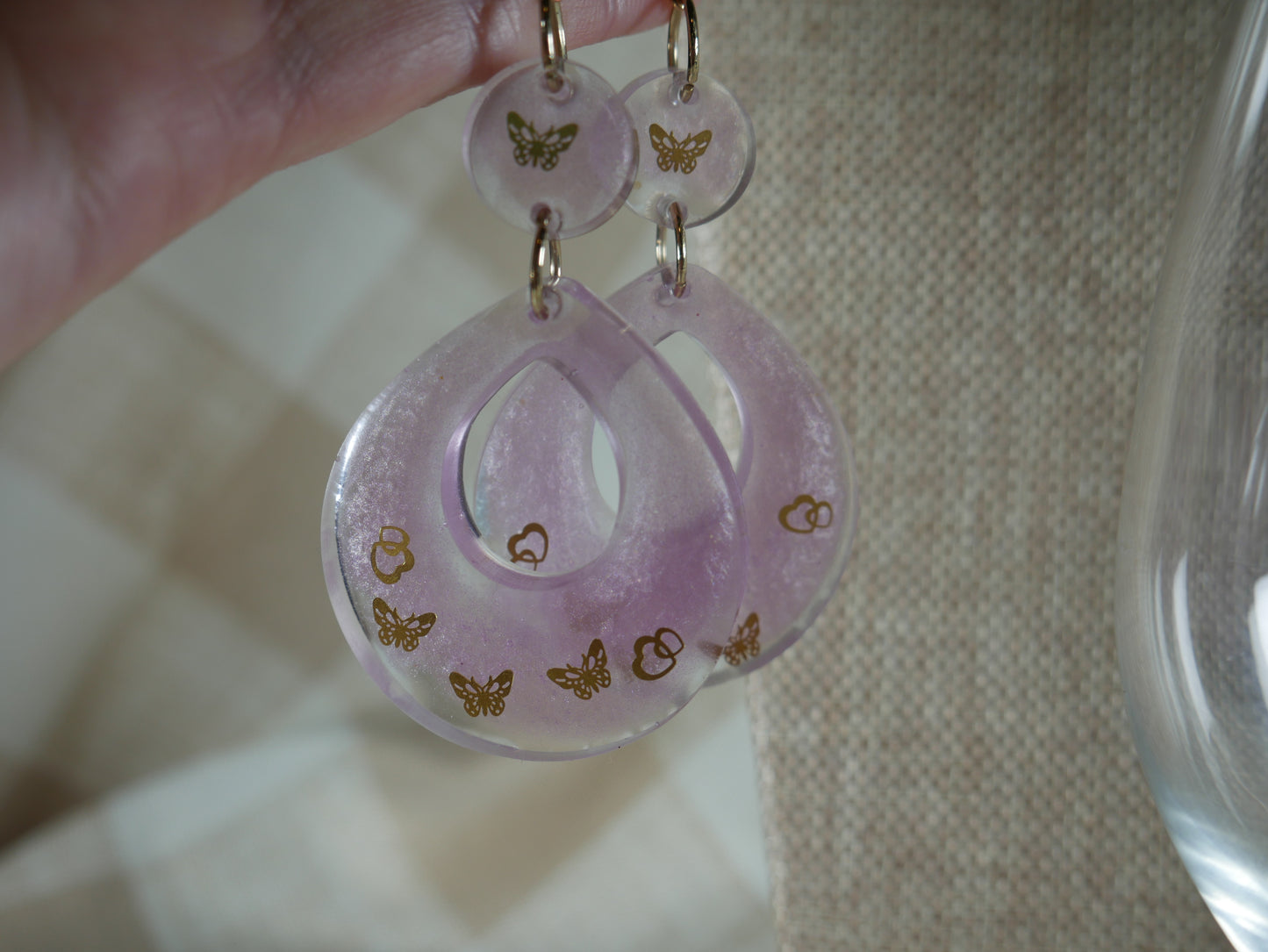 Resin Purple and Gold Butterfly Teardrop Earrings