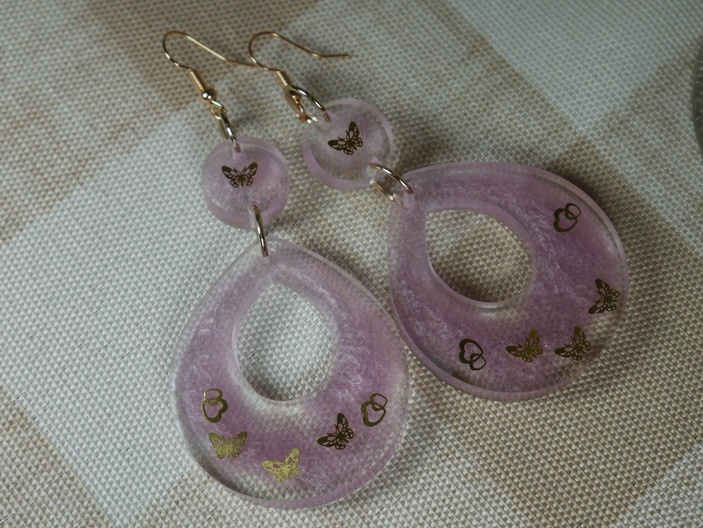 Resin Purple and Gold Butterfly Teardrop Earrings