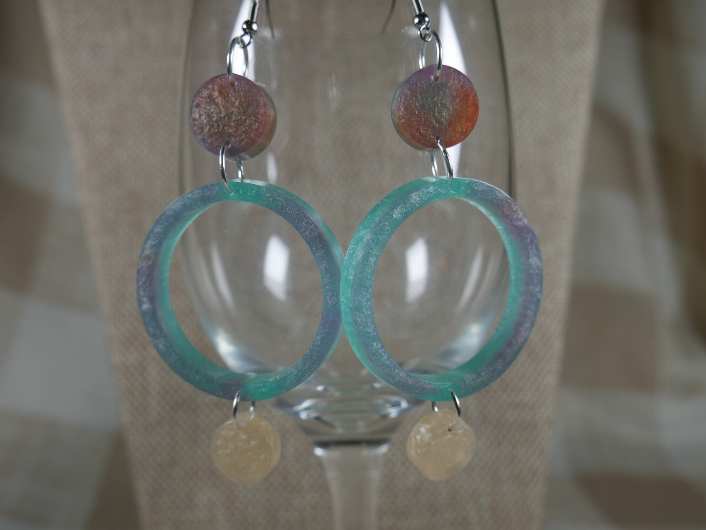 Resin Green, Purple and Opalescent 3 Circle Earrings