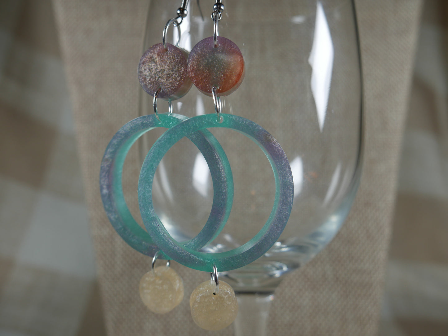 Resin Green, Purple and Opalescent 3 Circle Earrings