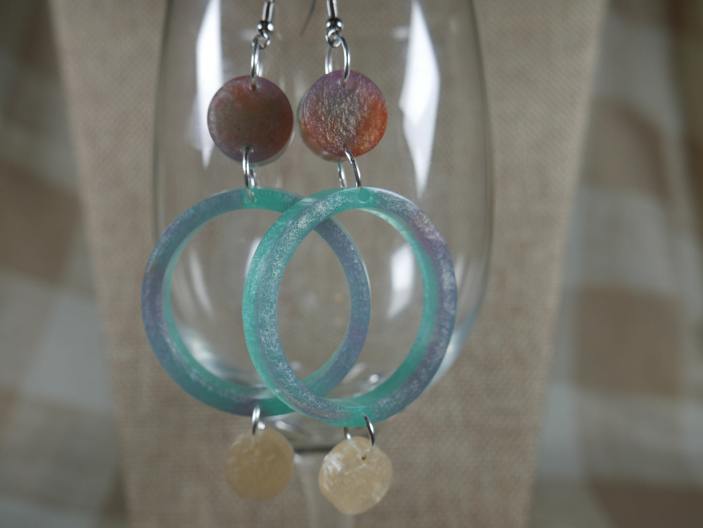 Resin Green, Purple and Opalescent 3 Circle Earrings