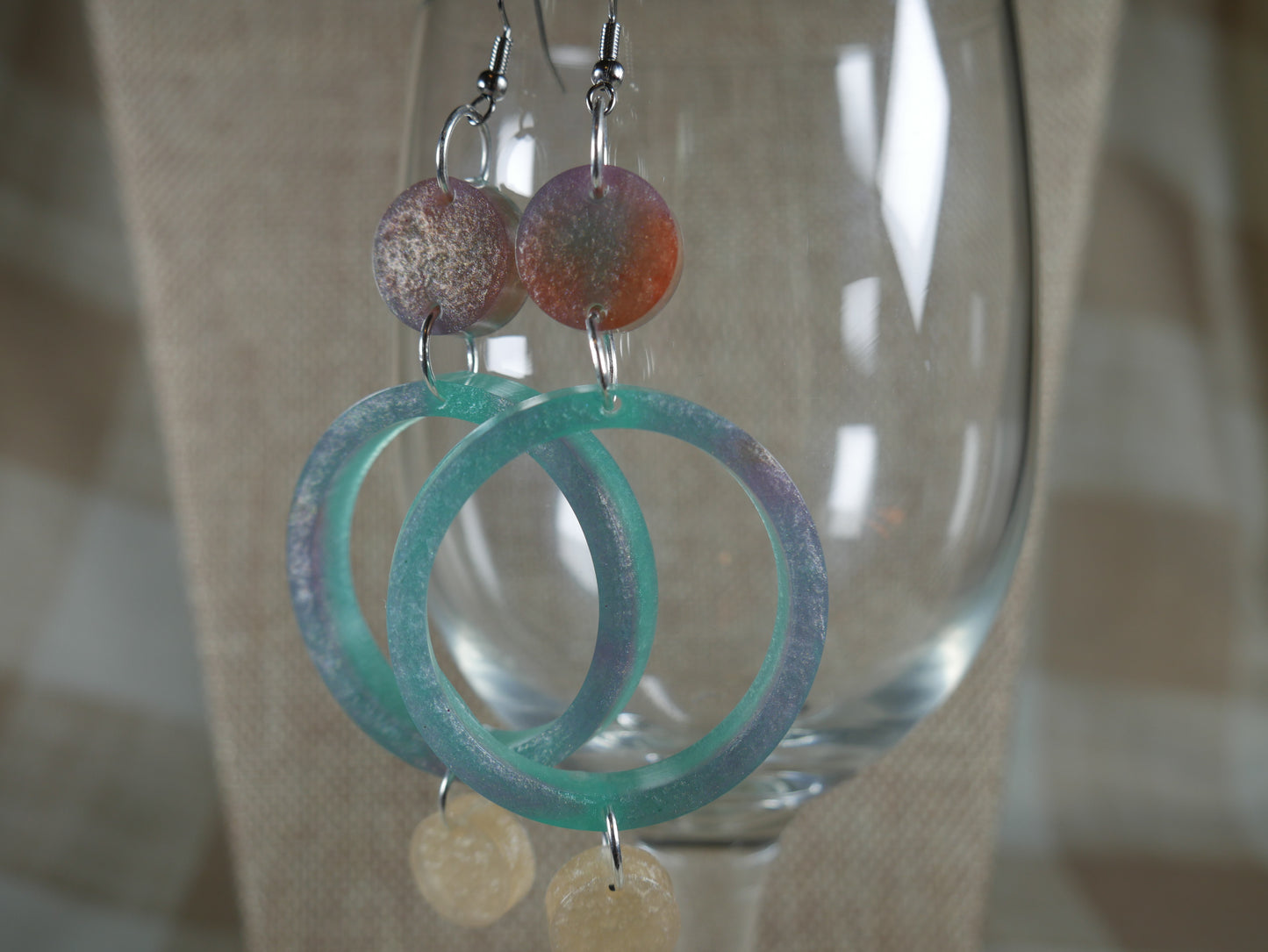 Resin Green, Purple and Opalescent 3 Circle Earrings