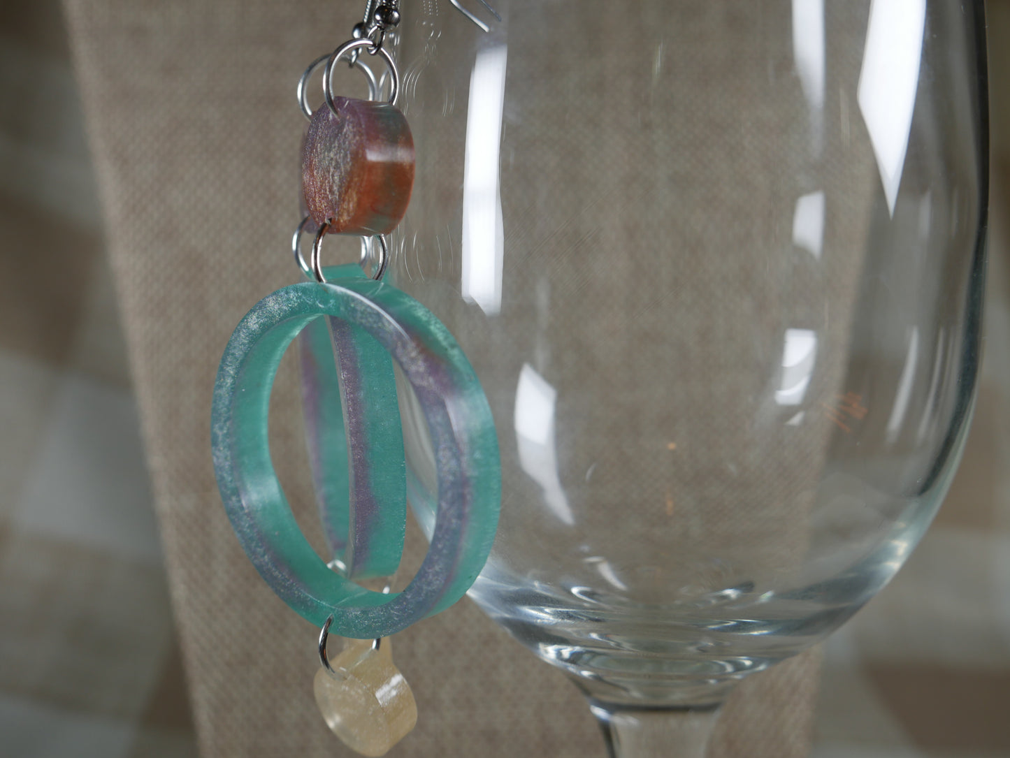 Resin Green, Purple and Opalescent 3 Circle Earrings