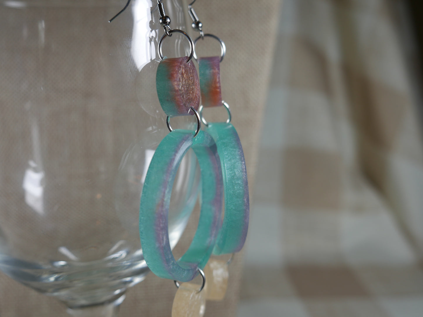 Resin Green, Purple and Opalescent 3 Circle Earrings