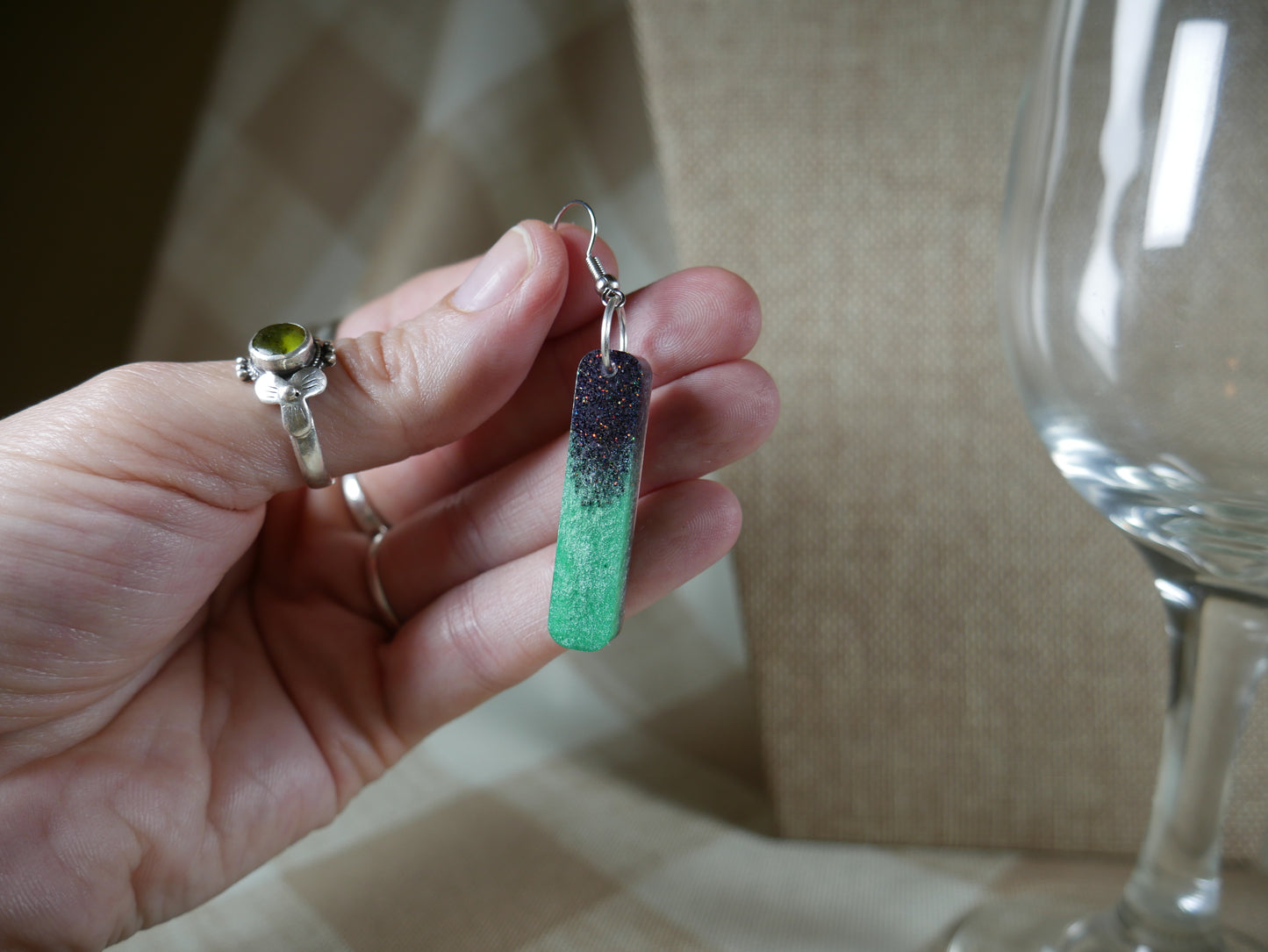 Resin Green and Black Sparkly Earrings