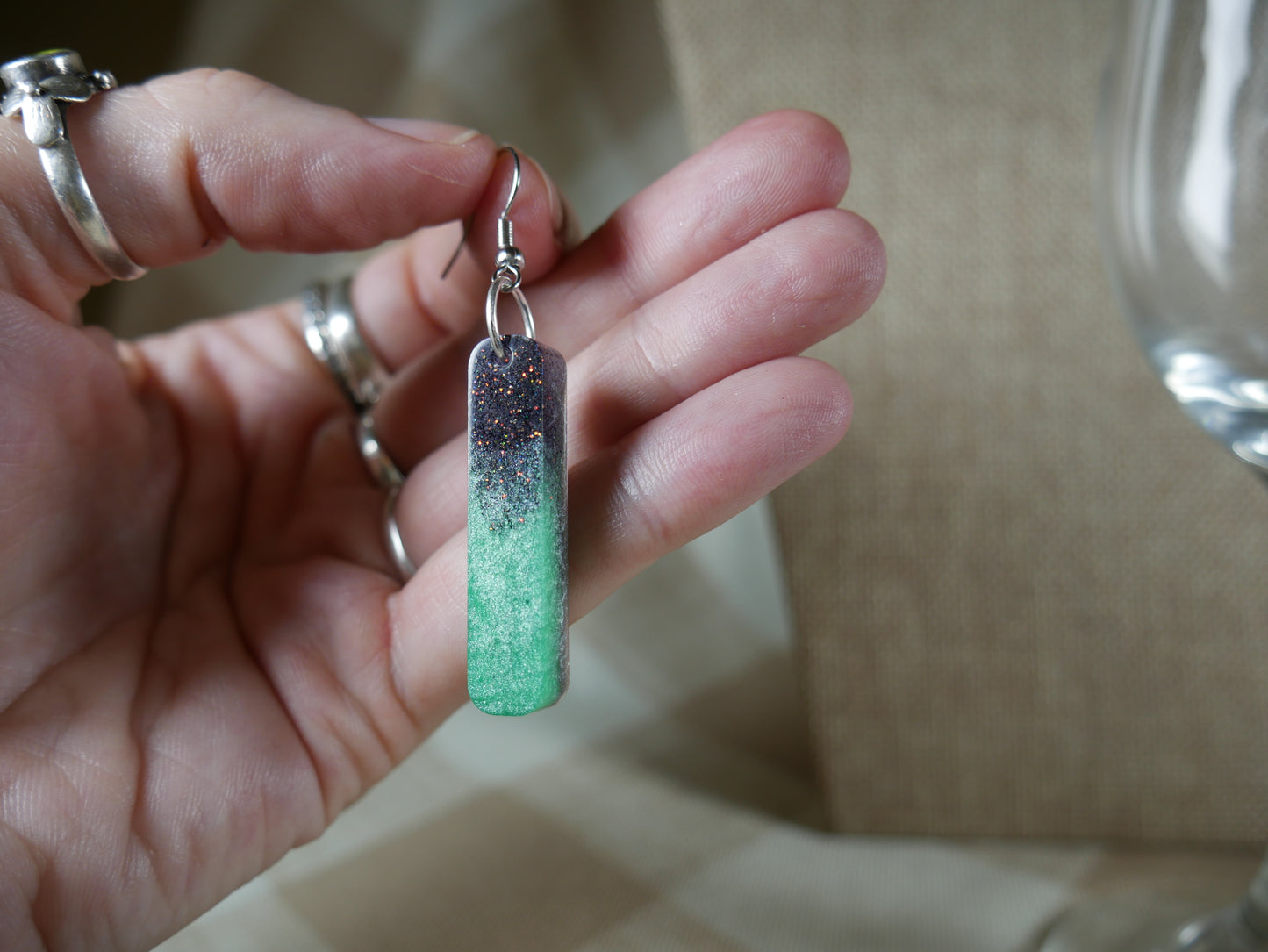 Resin Green and Black Sparkly Earrings