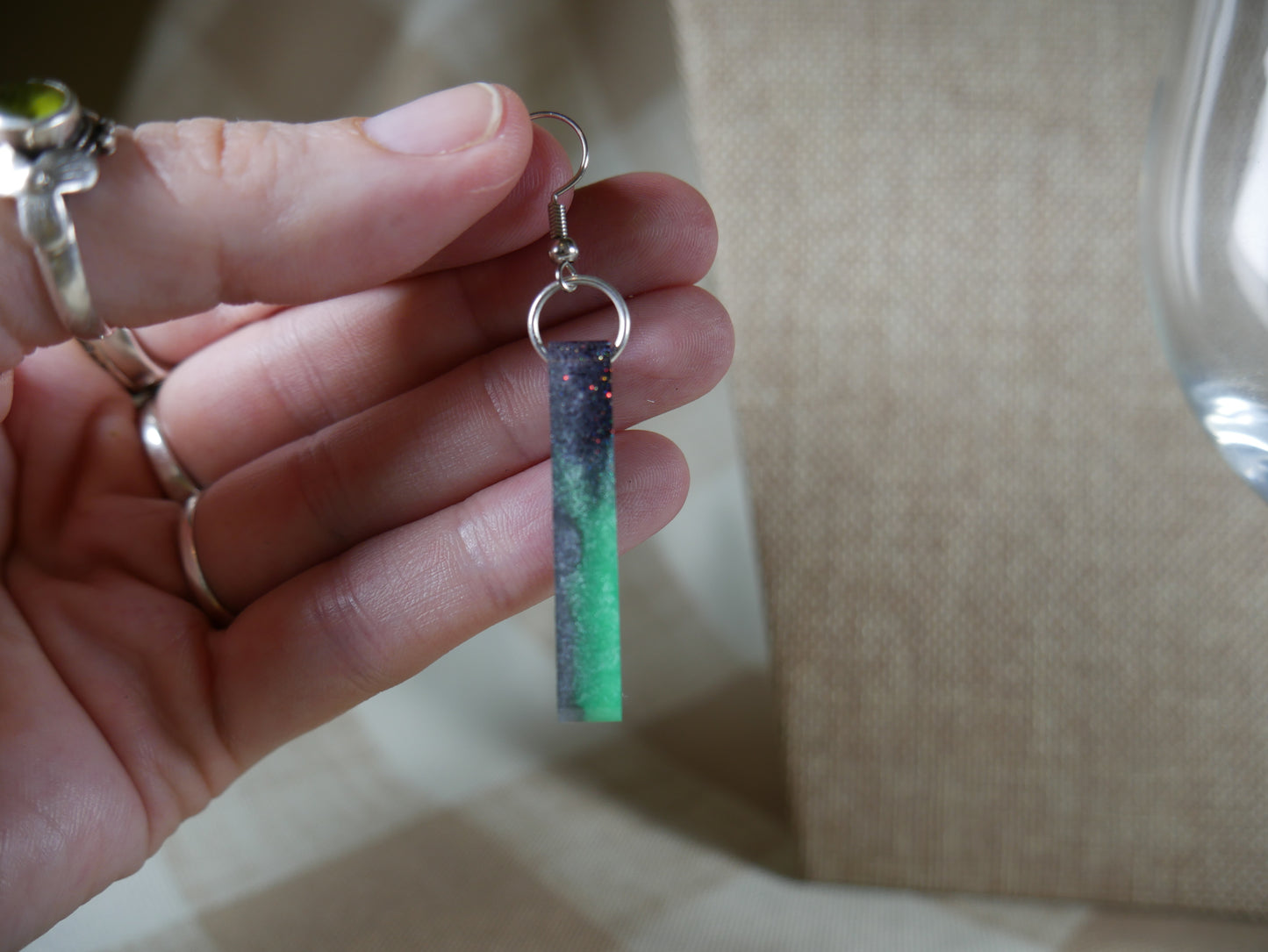 Resin Green and Black Sparkly Earrings