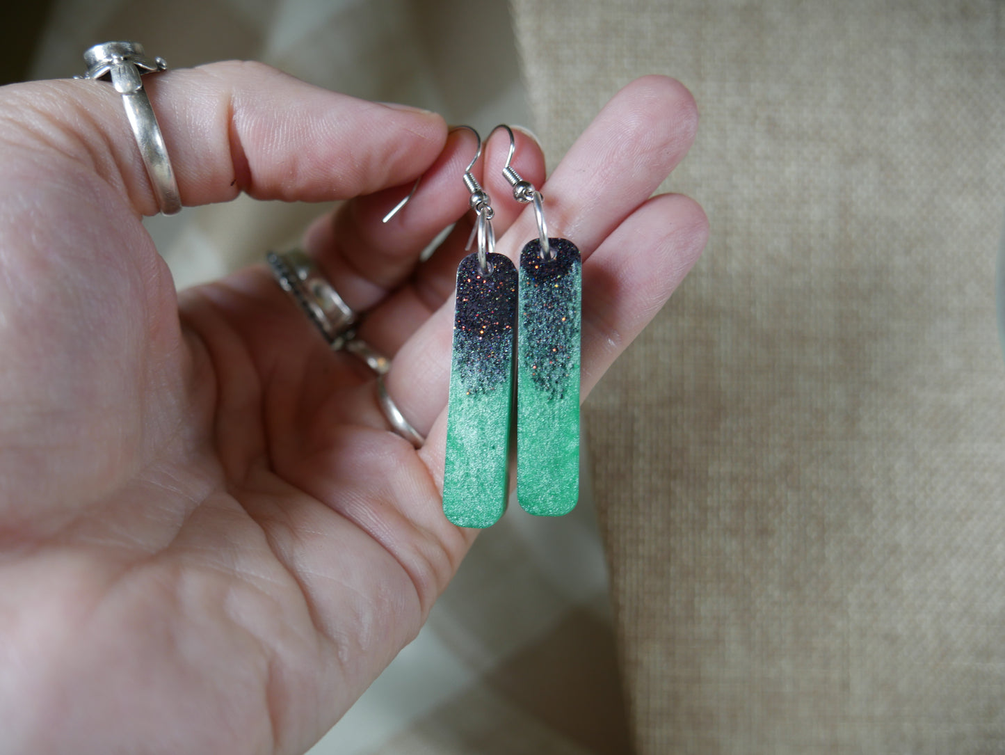 Resin Green and Black Sparkly Earrings