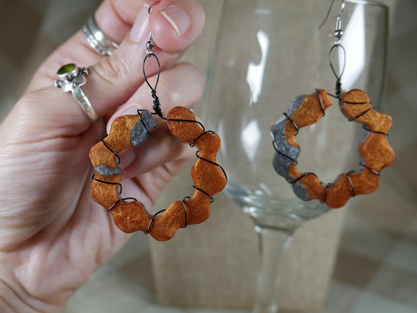 Resin Copper and Silver Colored Wire Wrapped Earrings