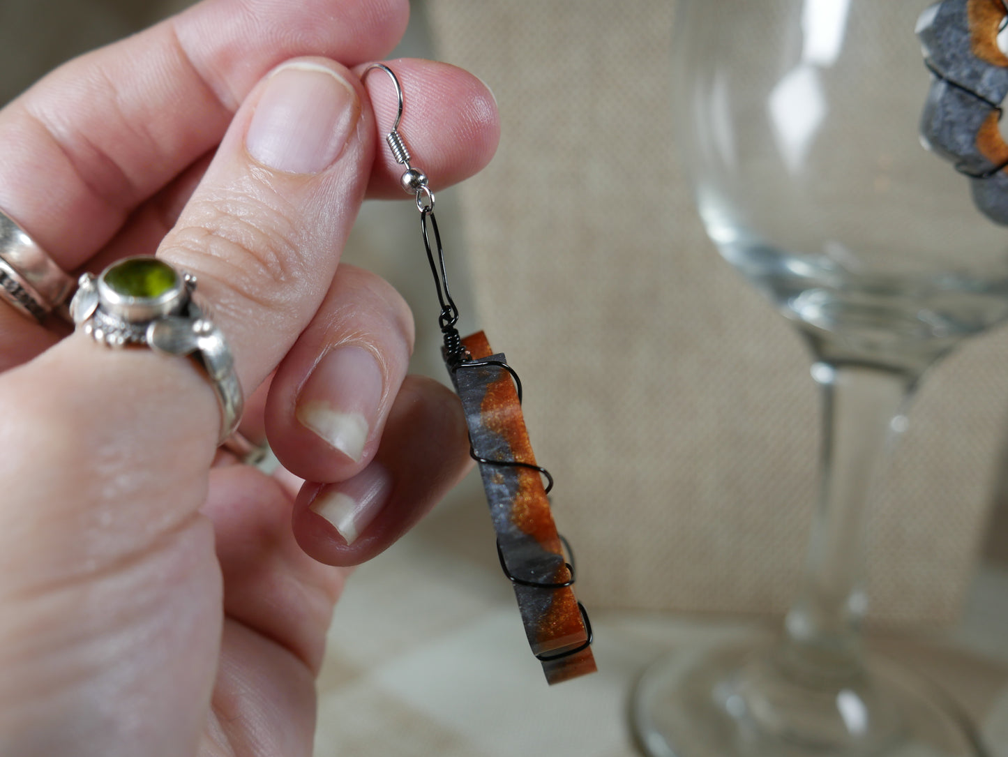 Resin Copper and Silver Colored Wire Wrapped Earrings