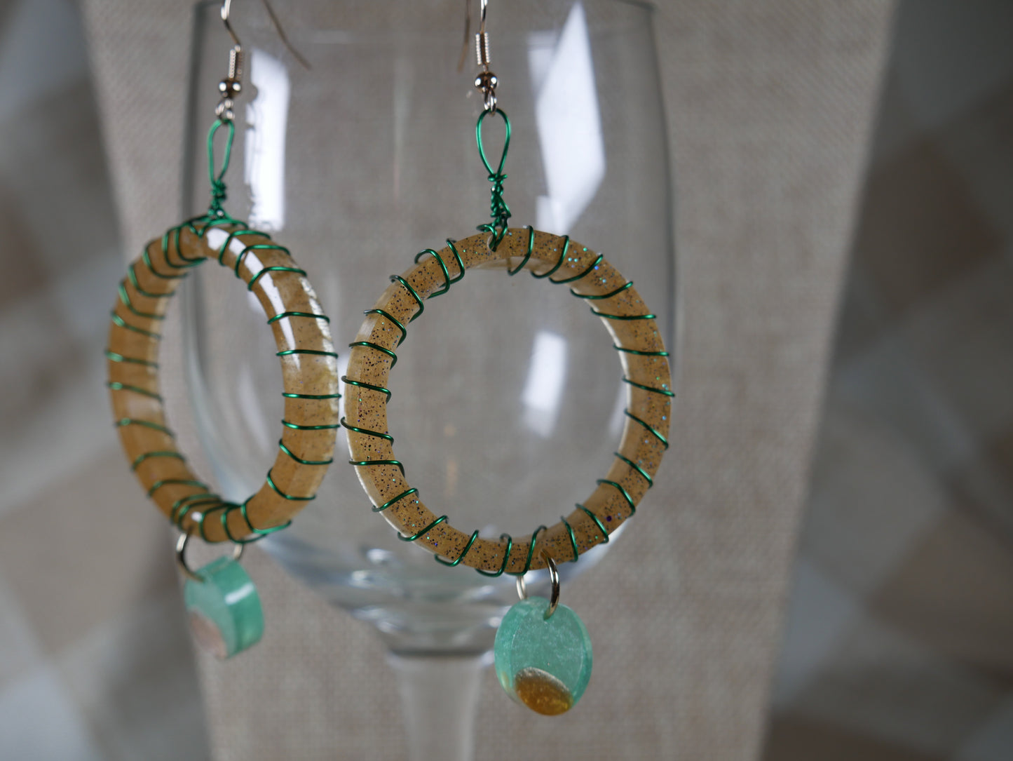 Resin Earth Tone and Green Wire Wrapped Circular Earrings