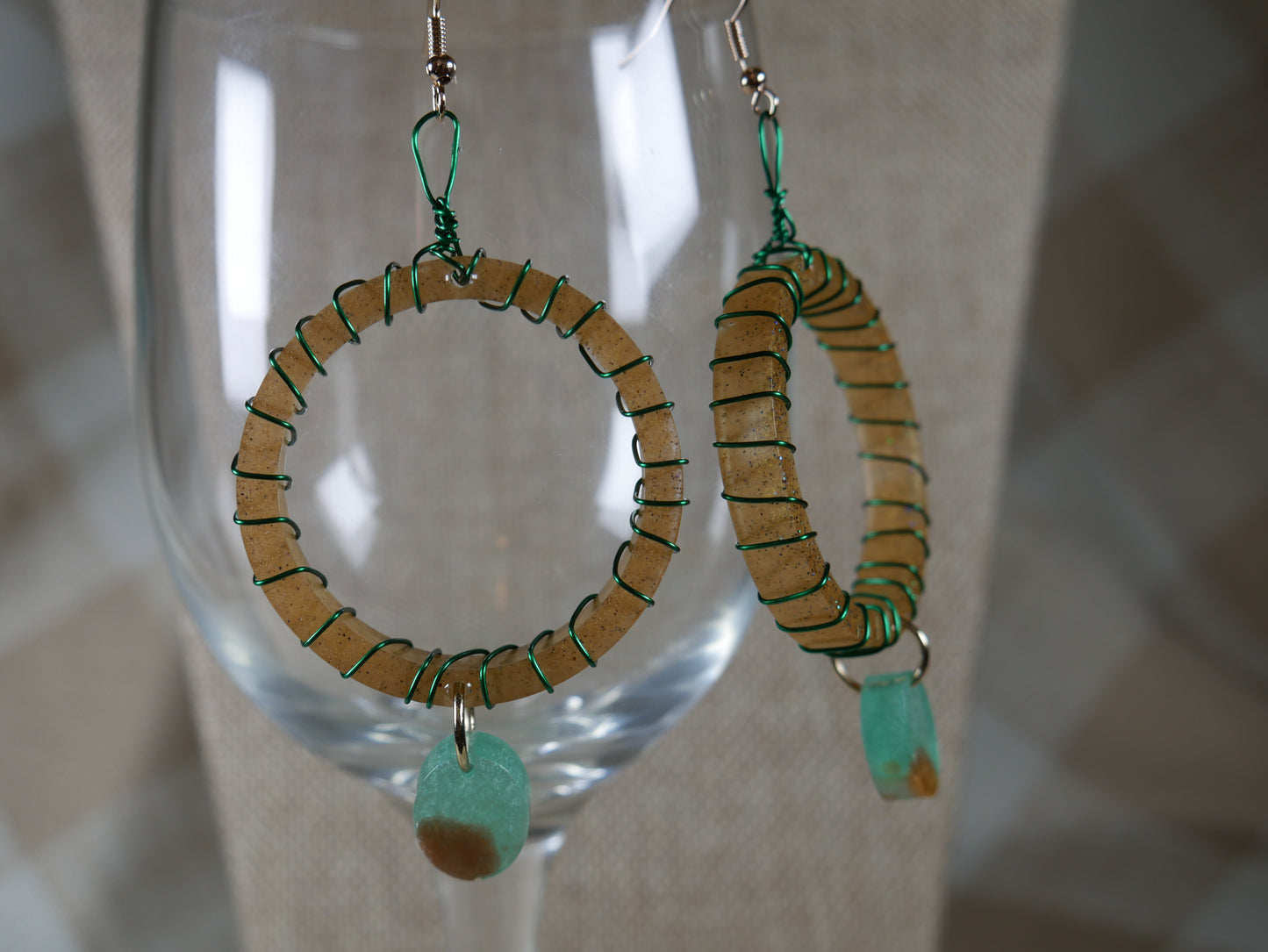 Resin Earth Tone and Green Wire Wrapped Circular Earrings