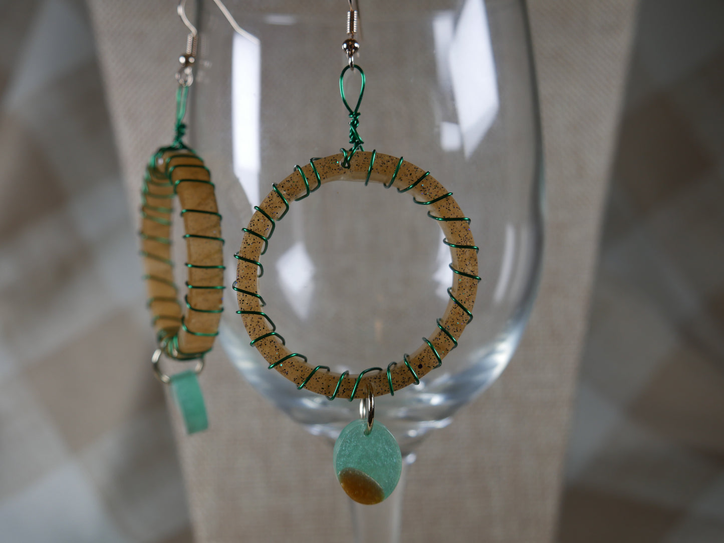 Resin Earth Tone and Green Wire Wrapped Circular Earrings