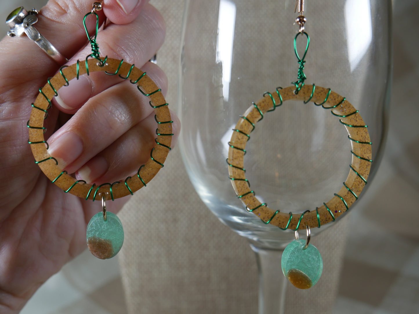 Resin Earth Tone and Green Wire Wrapped Circular Earrings