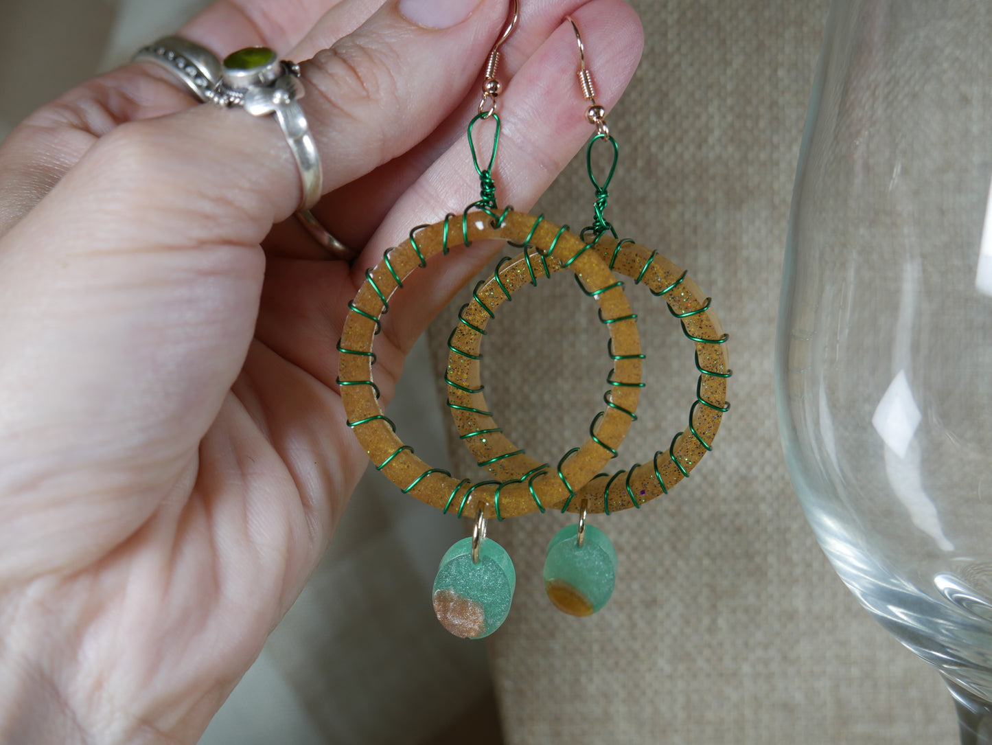 Resin Earth Tone and Green Wire Wrapped Circular Earrings