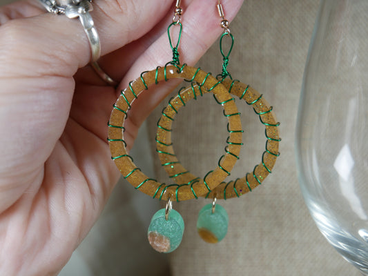 Resin Earth Tone and Green Wire Wrapped Circular Earrings