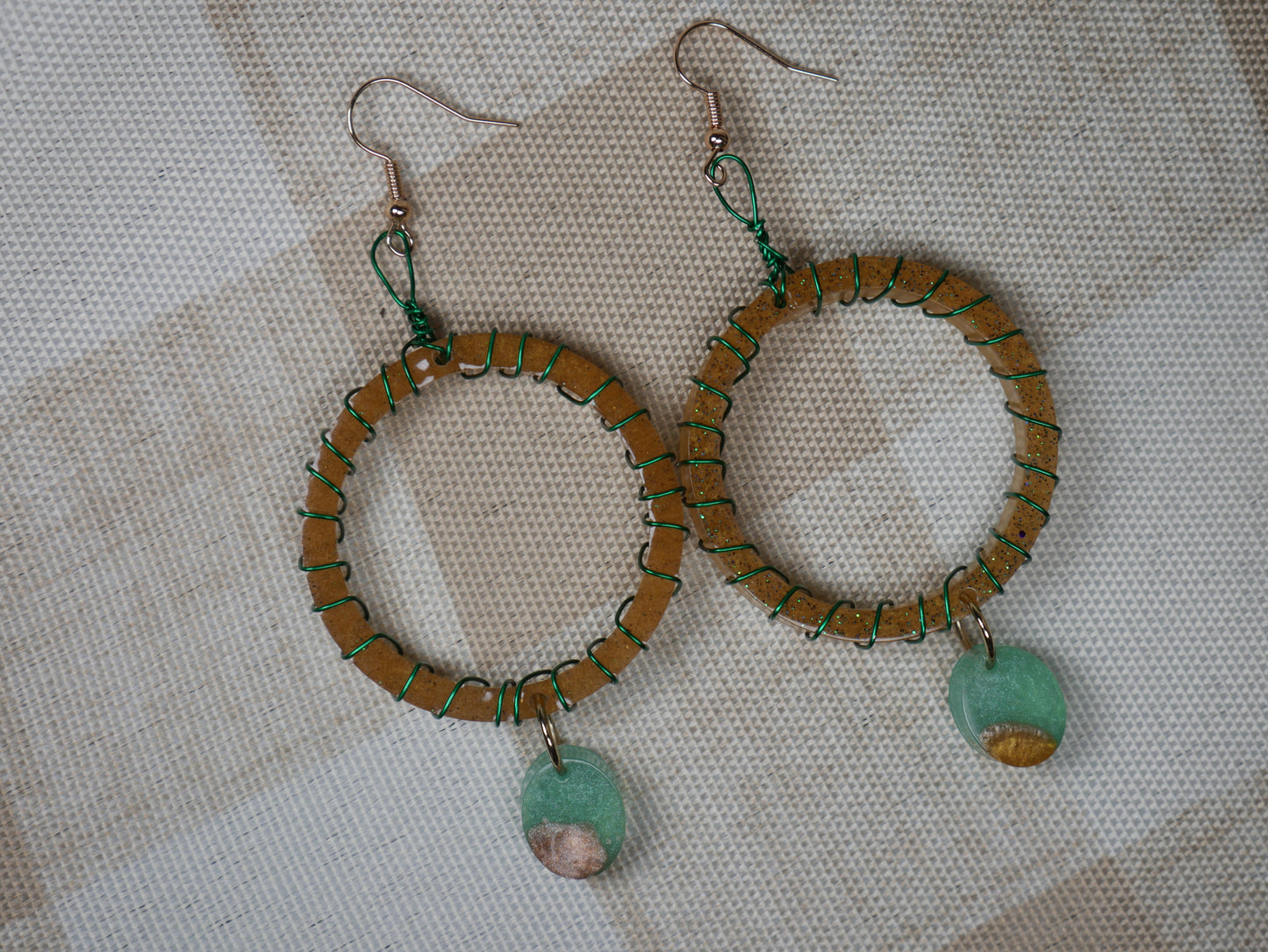 Resin Earth Tone and Green Wire Wrapped Circular Earrings