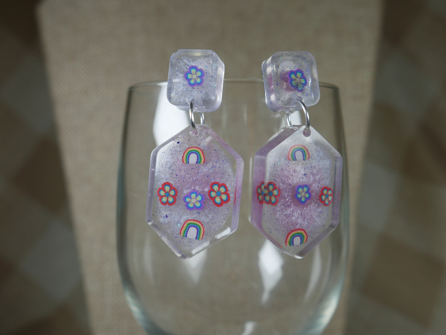 Resin Rainbow and Flower Opalescent Geometric Earrings