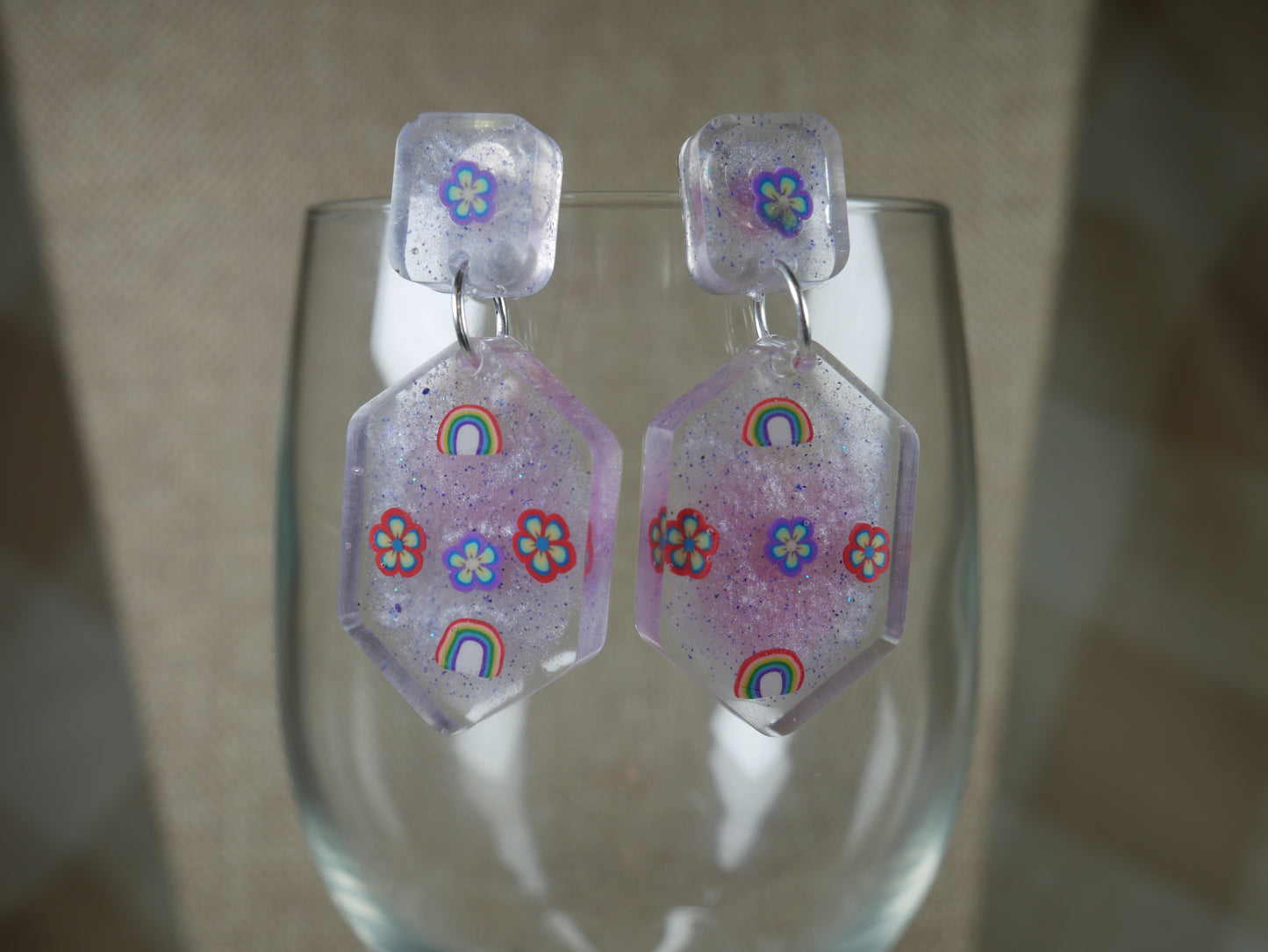 Resin Rainbow and Flower Opalescent Geometric Earrings