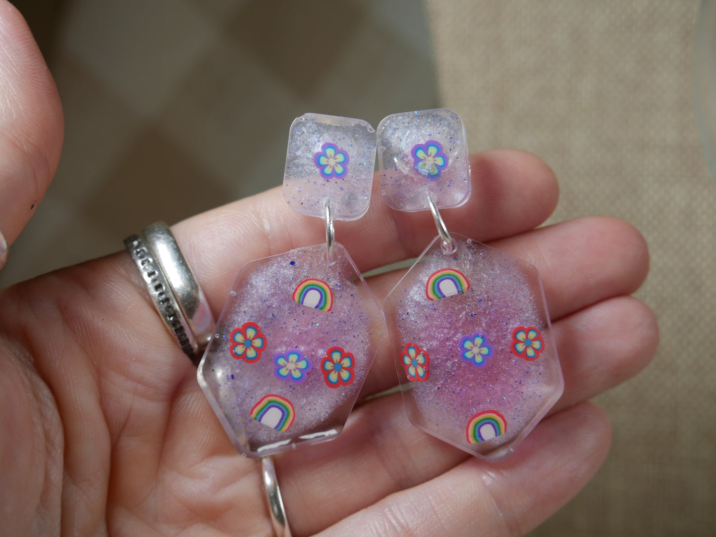 Resin Rainbow and Flower Opalescent Geometric Earrings