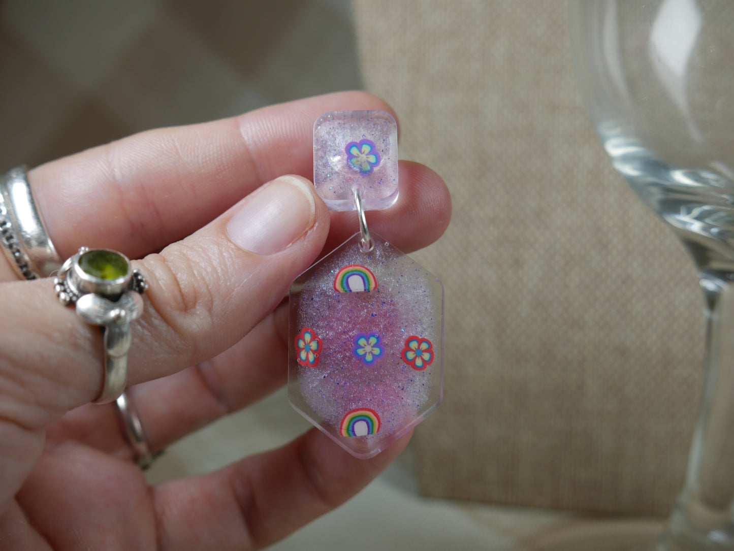 Resin Rainbow and Flower Opalescent Geometric Earrings