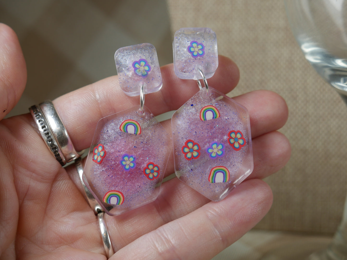 Resin Rainbow and Flower Opalescent Geometric Earrings