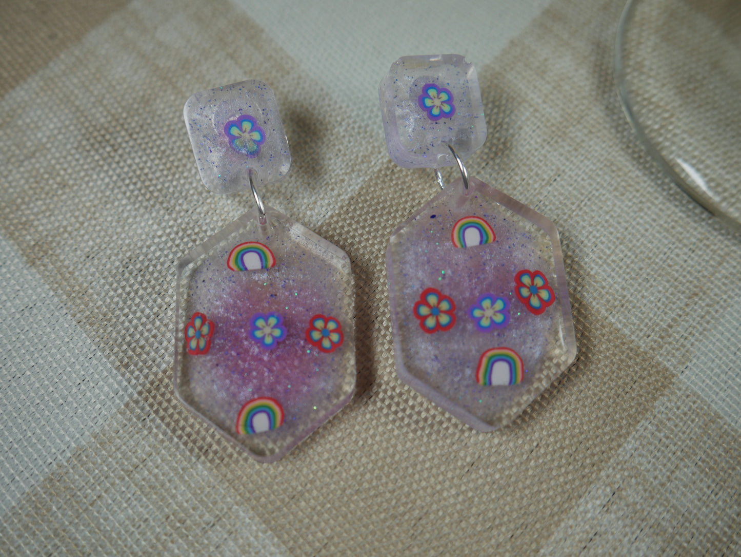 Resin Rainbow and Flower Opalescent Geometric Earrings