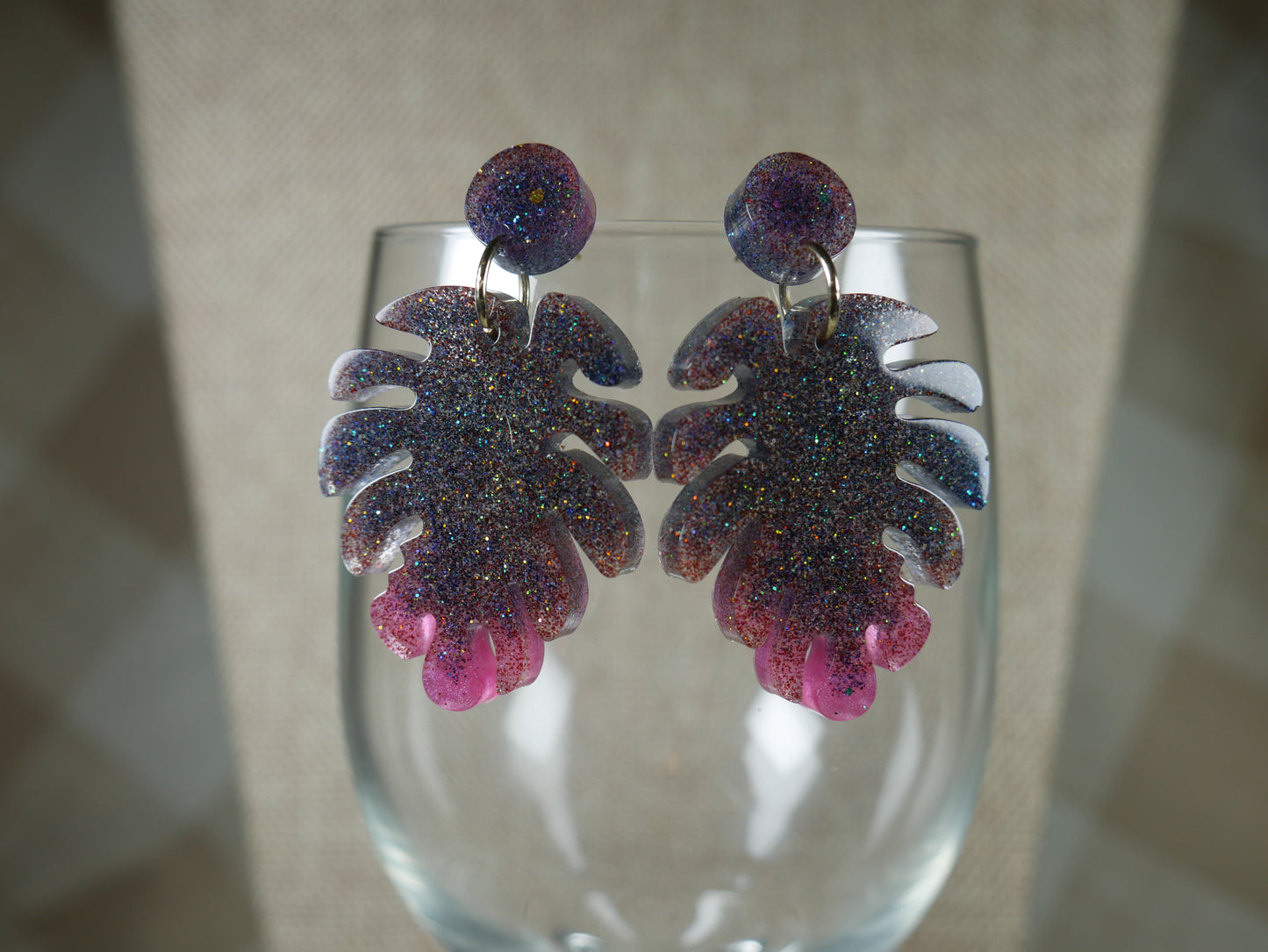 Resin Sparkly Black and Pink Leaf Earrings