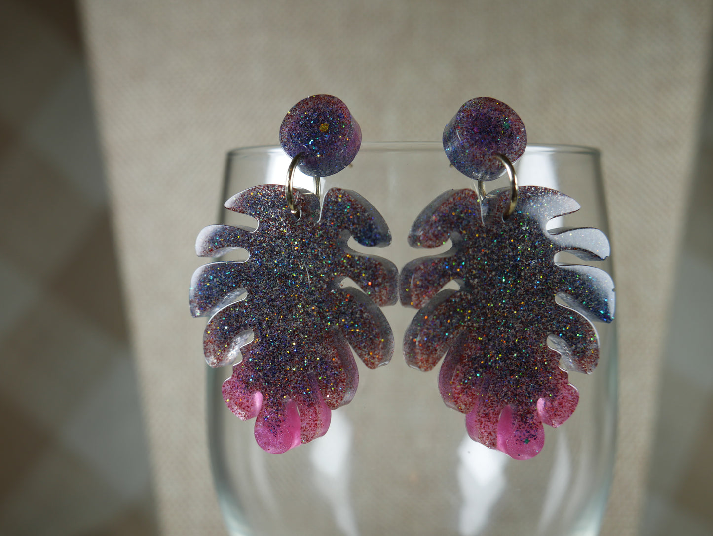 Resin Sparkly Black and Pink Leaf Earrings